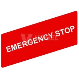 ZBY02330 Štítek 8x27mm, červené pozadí, symbol EMERGENCY STOP, pro držák štítků 30x40mm