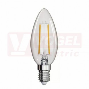 Žárovka LED E14 230VAC   2W svíčka A++, provedení FILAMENT, baňka čirá, teplá bílá 2700K, 250 lumen, nestmívatelná, živ. 25000h., náhrada za 25W, rozměr 35x105mm (EMOS-Z74200)