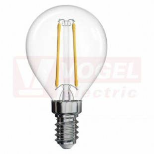 Žárovka LED E14 230VAC   2W mini globe A++, provedení FILAMENT, baňka čirá, teplá bílá 2700K, 250 lumen, nestmívatelná, živ. 25000h., náhrada za 25W, rozměr 45x80mm (EMOS-Z74235)