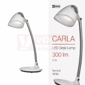 Stolní lampa LED  6W CARLA, 100-240V, barva bílá/stříbrná, 300lm, 4000K neutr.bílá, stmívatelná/6 stupňů, SMD, kabel 1,5m, 12V/500mA, živ.30 000hod., rozměr 180x180x460mm IP20 (Z7593)