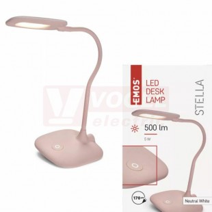 Stolní lampa LED  5W STELLA, 100-240V, barva růžová, 500lm, 4000K neutr.bílá, stmívatelná, délka kabelu 1,7m, 12V/400mA, rozměr 160x550x345mm, IP20 (Z7602P)