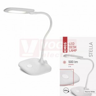 Stolní lampa LED  5W STELLA, 100-240V, barva bílá, 500lm, 4000K neutr.bílá, stmívatelná, délka kabelu 1,7m, 12V/400mA, rozměr 160x550x345mm, IP20 (Z7602W)