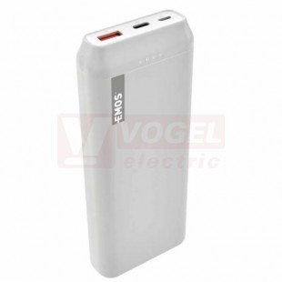 Powerbanka EMOS ALPHAQ 20, 20 000mAh/74Wh, barva bílá, kabel micro USB, USB-C, data, baterie Li-Po 3,7V, výstupní proud 5VDC/3A, 9V/2A, 12V/1,5A, LED signálka nabíjení i stav baterie, materiál ABS plast, rozměr 154x64x25mm (B0525W)