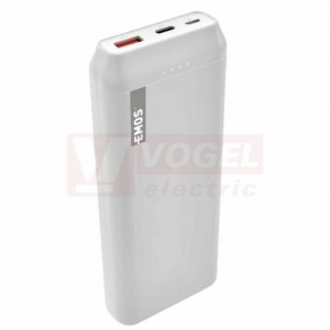 Powerbanka EMOS ALPHAQ 20, 20 000mAh/74Wh, barva bílá, kabel micro USB, USB-C, data, baterie Li-Po 3,7V, výstupní proud 5VDC/3A, 9V/2A, 12V/1,5A, LED signálka nabíjení i stav baterie, materiál ABS plast, rozměr 154x64x25mm (B0525W)