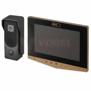 Sada videotelefonu EMOS H2031 s ukládáním snímků, 1xdveřní kam.jednotka, 1x LCD, zdroj, barva zlatá, napájení monitoru 14,5VDC, autom.ukládání snímků, kabel FTP/SYKFY 5x2x0,5mm, 16 melodií, regulace hlasu, úhel kamery 70°, montáž na stěnu, IP44,  (H2031)