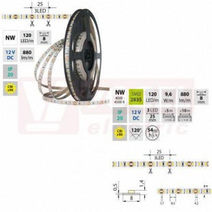 LED pásek SMD2835 NW, 120LED/m, 9,6W/m, DC 12V, 880lm/m, CRI90, IP20, 8mm, 5m (121.839.60.0)