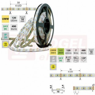 LED pásek SMD2835 UWW, 120LED/m, 7W/m, DC 24V, 560lm/m, CRI90, IP20, 10mm, 50m (126.824.60.2)