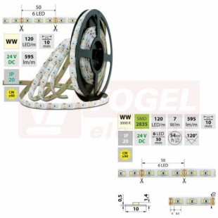 LED pásek SMD2835 WW, 120LED/m, 7W/m, DC 24V, 595lm/m, CRI90, IP20, 10mm, 50m (126.821.60.2)