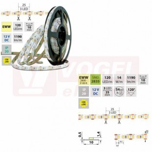 LED pásek SMD2835 EWW, 120LED/m, 14W/m, 1120lm/m, IP20, DC 12V, 10mm, 5m (121.827.60.0)