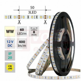 LED pásek SMD2835 WW, 60LED/m, 4,8W/m, DC 12V, 400lm/m, CRI90, IP20, 8mm, 50m (121.831.60.2)