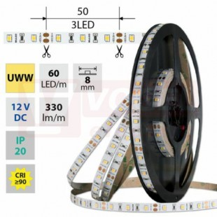 LED pásek SMD2835 UWW, 60LED/m, 4,8W/m, DC 12V, 330lm/m, CRI90, IP20, 8mm, 50m (121.833.60.2)