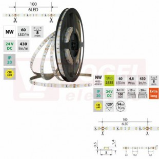 LED pásek SMD2835 NW, 60LED/m, 4,8W/m, DC 24V, 430lm/m, CRI90, IP20, 8mm, 5m (126.830.60.0)