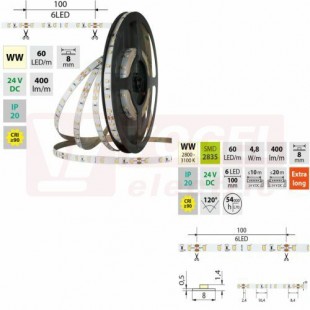 LED pásek SMD2835 WW, 60LED/m, 4,8W/m, DC 24V, 400lm/m, CRI90, IP20, 8mm, 5m (126.831.60.0)