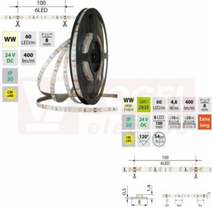 LED pásek SMD2835 WW, 60LED/m, 4,8W/m, DC 24V, 400lm/m, CRI90, IP20, 8mm, 50m (126.831.60.2)