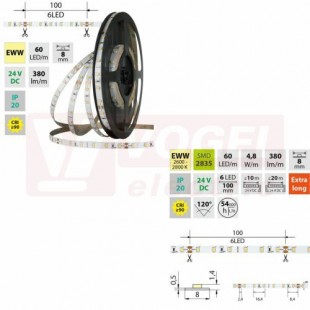 LED pásek SMD2835 EWW, 60LED/m, 4,8W/m, DC 24V, 380lm/m, CRI90, IP20, 8mm, 50m (126.832.60.2)