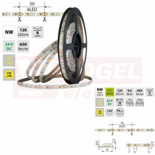 LED pásek SMD2835 NW, 120LED/m, 9,6W/m, DC 24V, 650lm/m, CRI90, IP54, 8mm, 5m (126.853.60.0)
