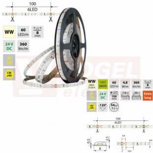 LED pásek SMD2835 WW, 60LED/m, 4,8W/m, DC 24V, 360lm/m, CRI90, IP54, 8mm, 5m (126.845.60.0)