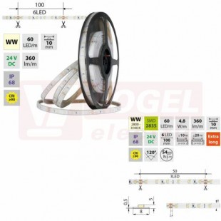 LED pásek SMD2835 WW, 60LED/m, 4,8W/m, DC 24V, 360lm/m, CRI90, IP68, 10mm, 5m (126.859.60.0)