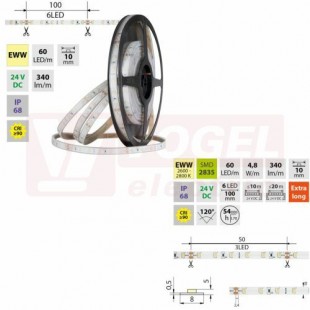LED pásek SMD2835 EWW, 60LED/m, 4,8W/m, DC 24V, 340lm/m, CRI90, IP68, 10mm, 5m (126.860.60.0)