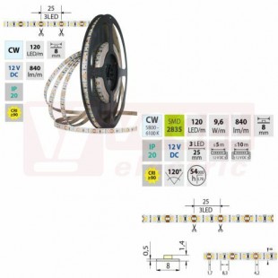 LED pásek SMD2835 CW, 120LED/m, 9,6W/m, DC 12V, 840lm/m, CRI90, IP20, 8mm, 50m (121.838.60.2)