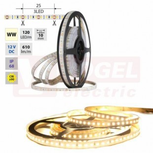 LED pásek SMD2835 WW, 120LED/m, 9,6W/m, DC 12V, 610lm/m, CRI90, IP68, 10mm, 5m (121.868.60.0)