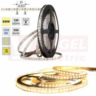 LED pásek SMD2835 EWW, 120LED/m, 9,6W/m, DC 12V, 550lm/m, CRI90, IP54, 8mm, 5m (121.855.60.0)