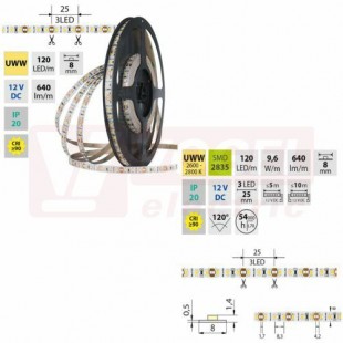 LED pásek SMD2835 UWW, 120LED/m, 9,6W/m, DC 12V, 640lm/m, CRI90, IP20, 8mm, 50m (121.842.60.2)