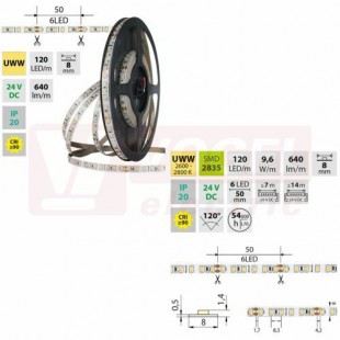 LED pásek SMD2835 UWW, 120LED/m, 9,6W/m, DC 24V, 640lm/m, CRI90, IP20, 8mm, 50m (126.842.60.2)