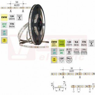 LED pásek SMD2835 EWW, 120LED/m, 9,6W/m, DC 24V, 770lm/m, CRI90, IP20, 8mm, 50m (126.841.60.2)