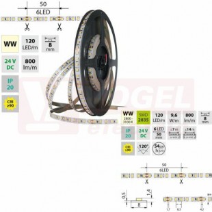 LED pásek SMD2835 WW, 120LED/m, 9,6W/m, DC 24V, 800lm/m, CRI90, IP20, 8mm, 50m (126.840.60.2)