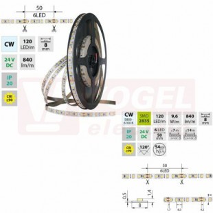 LED pásek SMD2835 CW, 120LED/m, 9,6W/m, DC 24V, 840lm/m, CRI90, IP20, 8mm, 5m (126.838.60.0)