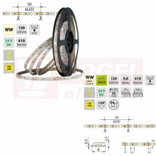 LED pásek SMD2835 WW, 120LED/m, 9,6W/m, DC 24V, 610lm/m, CRI90, IP54, 8mm, 5m (126.854.60.0)