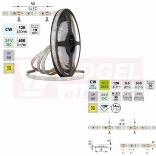 LED pásek SMD2835 CW 6000K, 120LED/m, 9,6W/m, DC 24V, 630lm/m, CRI90, IP68, š=10mm, role 5m (126.866.60.0)