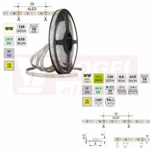 LED pásek SMD2835 WW, 120LED/m, 9,6W/m, DC 24V, 610lm/m, CRI90, IP68, 10mm, 5m (126.868.60.0)