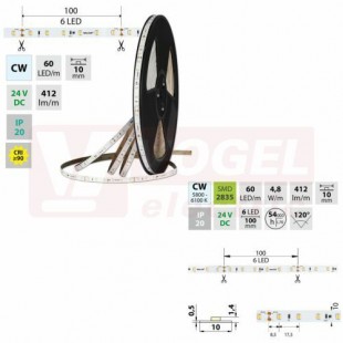 LED pásek SMD2835 CW, 60LED/m, 4,8W/m, DC 24V, 412lm/m, CRI90, IP20, 10mm, 50m (126.871.60.2)