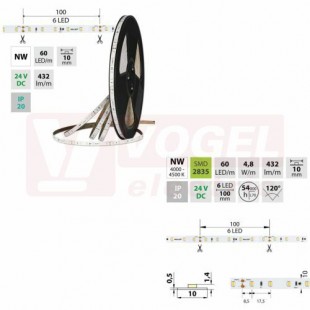LED pásek SMD2835 NW, 60LED/m, 4,8W/m, DC 24V, 432lm/m, CRI90, IP20, 10mm, 50m (126.872.60.2)