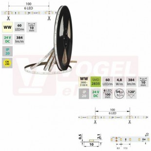 LED pásek SMD2835 WW, 60LED/m, 4,8W/m, DC 24V, 384lm/m, CRI90, IP20, 10mm, 50m (126.873.60.2)