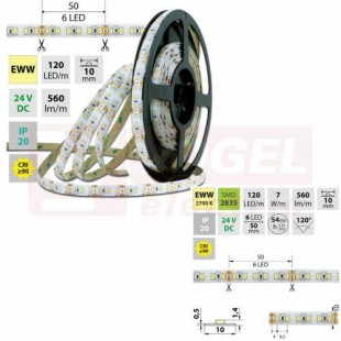 LED pásek SMD2835 EWW, 120LED/m, 7W/m, DC 24V, 560lm/m, CRI90, IP20, 10mm, 50m (126.828.60.2)