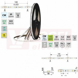 LED pásek SMD2835 CW, 60LED/m, 7,2W/m, DC 24V, 622lm/m, CRI90, IP20, 10mm, 50m (126.876.60.2)