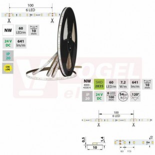 LED pásek SMD2835 NW, 60LED/m, 7,2W/m, DC 24V, 641lm/m, CRI90, IP20, 10mm, 50m (126.877.60.2)