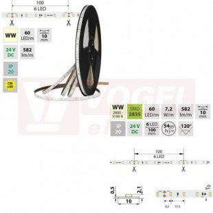 LED pásek SMD2835 WW, 60LED/m, 7,2W/m, DC 24V, 582lm/m, CRI90, IP20, 10mm, 50m (126.878.60.2)