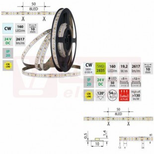 LED pásek SMD2835 CW, 160LED/m, 19,2W/m, DC 24V, 2617lm/m, CRI90, IP20, 10mm, 5m (126.886.60.0)