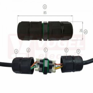 Propojovací příslušenství (CTC IP68 3x1,5), vhodné pro venkovní použití, PA66, IP68, bezšroubová svorkovnice, kabel 0,75-1,5mm2, 3pin, rozměr 85x26mm (GXSP007)