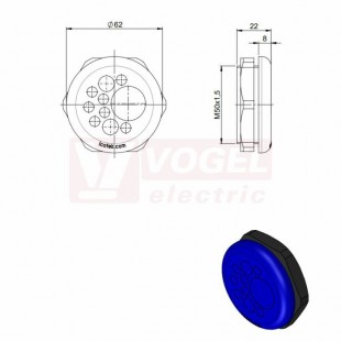 KEL-DPZ-HD 50/10 membránová průchodka, kulatá, modrá RAL5005, výška 22mm, vnější pr.62mm, inst.v. 8mm, výřez 50,4mm, závit M50x1,5mm, dl.závitu 14mm, pr.kab. 7x3,2-6,5mm, 2x5-10,2mm, 1x16-22,2mm (70356)