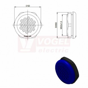 KEL-DPZ-HD 50/19 membránová průchodka, kulatá, modrá RAL5005, výška 22mm, vnější pr.62mm, inst.v. 8mm, drsnost povrchu (ISO 4287) R= 0,421ɥm, výřez 50,4mm, závit M50x1,5mm, dl.závitu 14mm, pr.kabelů 19x 3,2-6,5mm (70358)