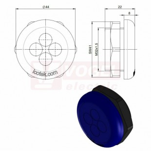 KEL-DPZ-HD 32/4-2 membránová průchodka, kulatá, modrá RAL5005, výška 22mm, vnější pr.44mm, drsnost povrchu (ISO 4287) 	R = 0,421 m, inst.výška 8mm, výřez 32,3mm, závit 32x1,5mm, délka závitu 14mm, pr.kabelů 4x 5-9,5 (70352)