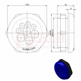 KEL-DPZ-HD 40/8  membránová průchodka, kulatá, modrá RAL5005, výška 22mm, vnější pr.52mm, inst.výška 8mm, výřez 32,3mm, závit M32x1,5mm, délka závitu 14mm, pr.kabelů 4x 3,2-6,5mm, 4x 5-10,2mm (70354)