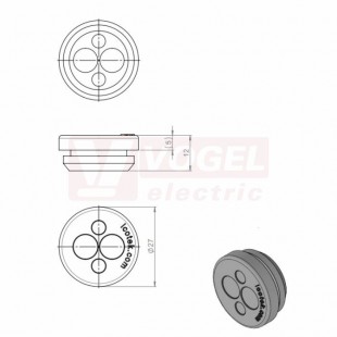 KEL-DP 20/4-1 A gy membránová průchodka, kulatá, šedá RAL7035, výška 12mm, vnější pr. 27mm, výřez 20mm, tloušťka plechu 1,5-2,5m, pr.kabelů 2x 1-8mm, 2x 1-4,5mm (43575)