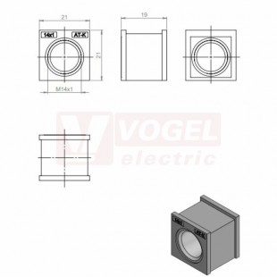 AT-K-M 14 x 1,0 průchodková vložka se závitem, malá, IP66, instalační výška 2mm, rozměr 21x21x19mm (39962)