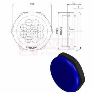 KEL-DPZ-HD 50/12 membránová průchodka, kulatá, modrá RAL5005, výška 22mm, vnější pr.62mm, drsnost povrchu (ISO 4287) R= 0,421ɥm, inst.v. 8mm, výřez 50,4mm, závit M50x1,5mm, dl.závitu 14mm, pr.kabelů 4x 3,2-6,5mm, 8x 5-10,2mm (70357)